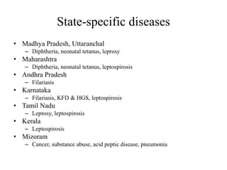 State-specific diseases
• Madhya Pradesh, Uttaranchal
– Diphtheria, neonatal tetanus, leprosy
• Maharashtra
– Diphtheria, neonatal tetanus, leptospirosis
• Andhra Pradesh
– Filariasis
• Karnataka
– Filariasis, KFD & HGS, leptospirosis
• Tamil Nadu
– Leprosy, leptospirosis
• Kerala
– Leptospirosis
• Mizoram
– Cancer, substance abuse, acid peptic disease, pneumonia
 
