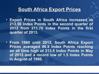 South Africa Export Prices
• Export Prices in South Africa increased to
213.50 Index Points in the second quarter of
2013 from 211.70 Index Points in the first
quarter of 2013.
• From 1960 until 2013, South Africa Export
Prices averaged 46.9 Index Points reaching
an all time high of 213.5 Index Points in May
of 2013 and a record low of 1.5 Index Points
in August of 1960.

 