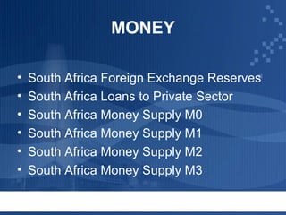 MONEY
•
•
•
•
•
•

South Africa Foreign Exchange Reserves
South Africa Loans to Private Sector
South Africa Money Supply M0
South Africa Money Supply M1
South Africa Money Supply M2
South Africa Money Supply M3

 