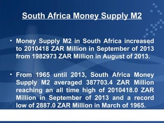 South Africa Money Supply M2
• Money Supply M2 in South Africa increased
to 2010418 ZAR Million in September of 2013
from 1982973 ZAR Million in August of 2013.
• From 1965 until 2013, South Africa Money
Supply M2 averaged 387703.4 ZAR Million
reaching an all time high of 2010418.0 ZAR
Million in September of 2013 and a record
low of 2887.0 ZAR Million in March of 1965.

 