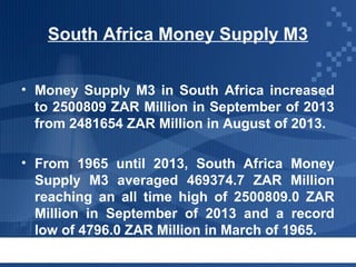 South Africa Money Supply M3
• Money Supply M3 in South Africa increased
to 2500809 ZAR Million in September of 2013
from 2481654 ZAR Million in August of 2013.
• From 1965 until 2013, South Africa Money
Supply M3 averaged 469374.7 ZAR Million
reaching an all time high of 2500809.0 ZAR
Million in September of 2013 and a record
low of 4796.0 ZAR Million in March of 1965.

 