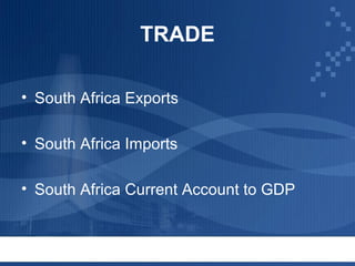 TRADE
• South Africa Exports
• South Africa Imports
• South Africa Current Account to GDP

 