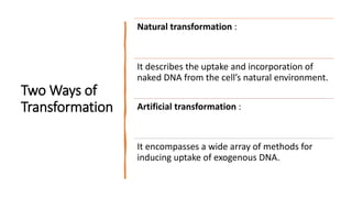Two Ways of
Transformation
Natural transformation :
It describes the uptake and incorporation of
naked DNA from the cell’s natural environment.
Artificial transformation :
It encompasses a wide array of methods for
inducing uptake of exogenous DNA.
 