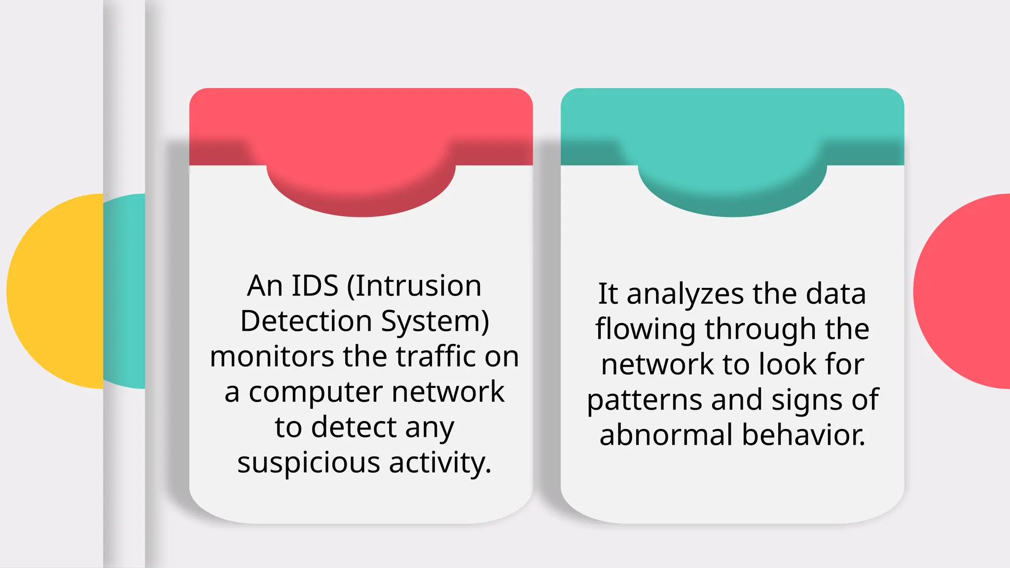 An IDS (Intrusion
Detection System)
monitors the traffic on
a computer network
to detect any
suspicious activity.
It analyzes the data
flowing through the
network to look for
patterns and signs of
abnormal behavior.
 