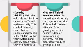 •Security
Visibility: IDS offer
valuable insights into
network traffic and
system activity. This
can help security
teams better
understand potential
vulnerabilities within
their systems and
identify areas where
they might need to
4
•Reduced Risk of
Data Breaches: By
detecting and alerting
on suspicious activity,
IDS can help prevent
attackers from
gaining access to
sensitive data or
compromising
systems. This can
significantly reduce
the risk of data
 
