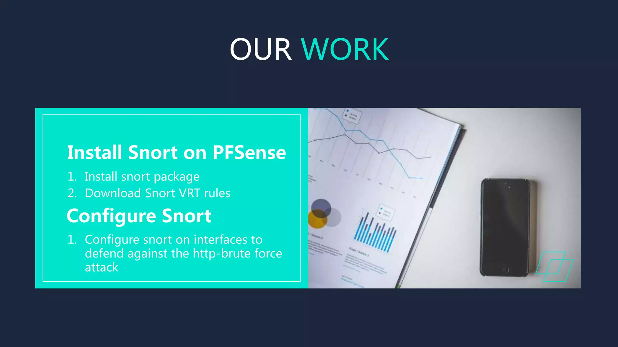 OUR WORK
1. Install snort package
2. Download Snort VRT rules
Install Snort on PFSense
Configure Snort
1. Configure snort on interfaces to
defend against the http-brute force
attack
 