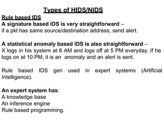 Types of HIDS/NIDS
Rule based IDS
A signature based IDS is very straightforward –
if a pkt has same source/destination address, send alert.
A statistical anomaly based IDS is also straightforward –
X logs in his system at 8 AM and logs off at 5 PM everyday. If he
logs on at 10 PM, it is an anomaly and an alert is sent.
Rule based IDS gen used in expert systems (Artificial
Intelligence).
An expert system has:
A knowledge base
An inference engine
Rule based programming.
 