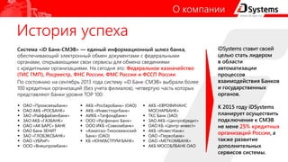 История успеха
О компании
Система «iD Банк-СМЭВ» — единый информационный шлюз банка,
обеспечивающий электронный обмен документами с федеральными
органами, открывающими свои сервисы для обмена сведениями
с кредитными организациями. На сегодня это: Федеральное казначейство
(ГИС ГМП), Росреестр, ФНС России, ФМС России и ФССП России.
По состоянию на сентябрь 2013 года систему «iD Банк-СМЭВ» выбрали более
100 кредитных организаций (без учета филиалов), четвертую часть которых
представляют банки уровня TOP 100:
 ОАО «Промсвязьбанк»
 ОАО АКБ «РОСБАНК»
 ЗАО «Райффайзенбанк»
 ЗАО АКБ «ГАЗБАНК»
 ОАО «АК БАРС» БАНК
 ОАО Банк ЗЕНИТ
 ЗАО «ГЛОБЭКСБАНК»
 ОАО «УБРиР»
 ООО «Внешпромбанк»
 АКБ «РосЕвроБанк» (ОАО)
 АКБ «Инвестторгбанк»
 АИКБ «Татфондбанк»
 ООО «Русфинанс Банк»
 ООО ИКБ «Совкомбанк»
 «Азиатско-Тихоокеанский
Банк» (ОАО)
 КБ «ЮНИАСТРУМ БАНК»
 АКБ «ЕВРОФИНАНС
МОСНАРБАНК»
 ТКС Банк (ЗАО)
 ЗАО АКБ «ЦентроКредит»
 ОАО КБ «Центр-инвест»
 АКБ «Инвестбанк»
 ОАО «Первобанк»
 ОАО «МЕТКОМБАНК»
 АКБ МОСОБЛБАНК ОАО
iDSystems ставит своей
целью стать лидером
в области
автоматизации
процессов
взаимодействия Банков
и государственных
органов.
К 2015 году iDSystems
планирует осуществить
подключение к СМЭВ
не мене 25% кредитных
организаций России, а
также развитие
дополнительных
сервисов системы.
 