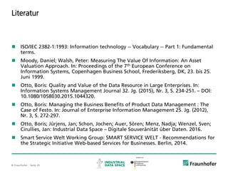 © Fraunhofer ·· Seite 20
Literatur
 ISO/IEC 2382-1:1993: Information technology -- Vocabulary -- Part 1: Fundamental
terms.
 Moody, Daniel; Walsh, Peter: Measuring The Value Of Information: An Asset
Valuation Approach. In: Proceedings of the 7th European Conference on
Information Systems, Copenhagen Business School, Frederiksberg, DK, 23. bis 25.
Juni 1999.
 Otto, Boris: Quality and Value of the Data Resource in Large Enterprises. In:
Information Systems Management Journal 32. Jg. (2015), Nr. 3, S. 234-251. – DOI:
10.1080/1058030.2015.1044320.
 Otto, Boris: Managing the Business Benefits of Product Data Management : The
Case of Festo. In: Journal of Enterprise Information Management 25. Jg. (2012),
Nr. 3, S. 272-297.
 Otto, Boris; Jürjens, Jan; Schon, Jochen; Auer, Sören; Menz, Nadja; Wenzel, Sven;
Cirullies, Jan: Industrial Data Space – Digitale Souveränität über Daten. 2016.
 Smart Service Welt Working Group: SMART SERVICE WELT - Recommendations for
the Strategic Initiative Web-based Services for Businesses. Berlin, 2014.
 