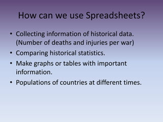 How can we use Spreadsheets?Collecting information of historical data. (Number of deathsand injuries per war)Comparing historical statistics.Make graphs or tables with important information.Populations of countries at different times. 