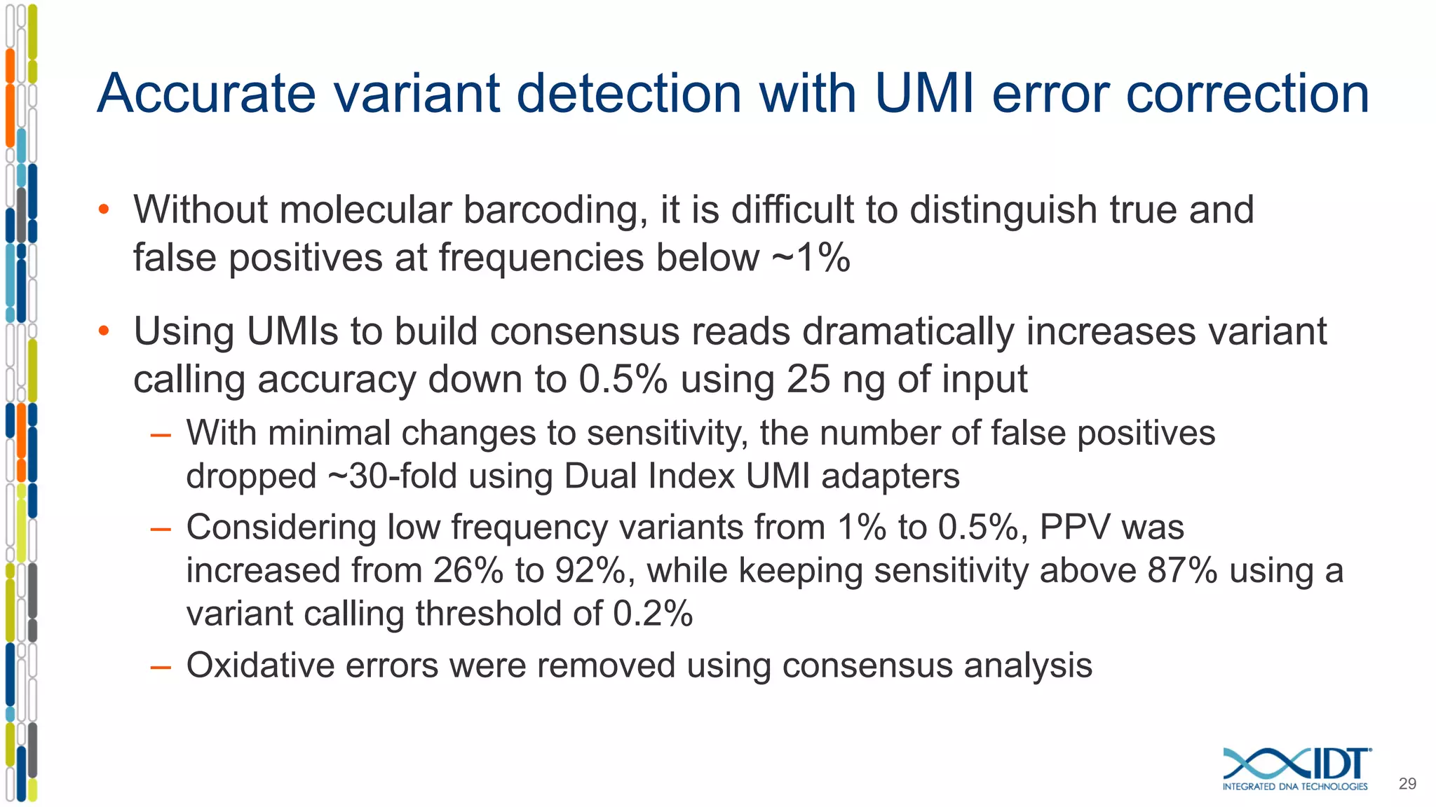 Accurate variant detection with UMI error correction
• Without molecular barcoding, it is difficult to distinguish true and
false positives at frequencies below ~1%
• Using UMIs to build consensus reads dramatically increases variant
calling accuracy down to 0.5% using 25 ng of input
– With minimal changes to sensitivity, the number of false positives
dropped ~30-fold using Dual Index UMI adapters
– Considering low frequency variants from 1% to 0.5%, PPV was
increased from 26% to 92%, while keeping sensitivity above 87% using a
variant calling threshold of 0.2%
– Oxidative errors were removed using consensus analysis
29
 