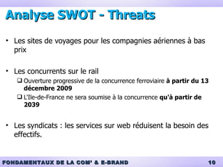 Analyse SWOT - Threats Les sites de voyages pour les compagnies aériennes à bas prix Les concurrents sur le rail Ouverture progressive de la concurrence ferroviaire  à partir du 13 décembre 2009 L'Ile-de-France ne sera soumise à la concurrence  qu'à partir de 2039 Les syndicats : les services sur web réduisent la besoin des effectifs.  
