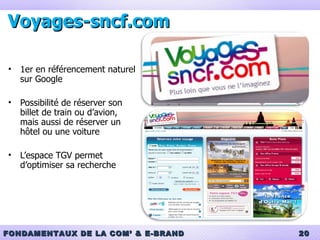 Voyages-sncf.com 1er en référencement naturel sur Google Possibilité de réserver son billet de train ou d’avion, mais aussi de réserver un hôtel ou une voiture L’espace TGV permet d’optimiser sa recherche 