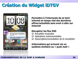 Développement d’un site mobile La consultation d’Internet sur les téléphones de plus en plus importante Avènement des smartphones et abonnements « Data » Permettre à l’internaute de consulter les offres depuis son mobile Développement de la pratique de l’internet mobile Plus besoin d’imprimer son billet : le billet est conservé dans le mémoire du téléphone 