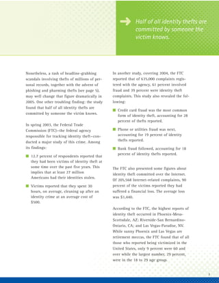 § Half of all identity theftsthe
                                                     committed by someone
                                                                                 are

                                                             victim knows.




Nonetheless, a rash of headline-grabbing        In another study, covering 2004, the FTC
scandals involving thefts of millions of per-   reported that of 635,000 complaints regis-
sonal records, together with the advent of      tered with the agency, 61 percent involved
phishing and pharming thefts (see page 5),      fraud and 39 percent were identity theft
may well change that figure dramatically in     complaints. This study also revealed the fol-
2005. One other troubling finding: the study    lowing:
found that half of all identity thefts are
                                                I Credit card fraud was the most common
committed by someone the victim knows.
                                                  form of identity theft, accounting for 28
                                                  percent of thefts reported.
In spring 2003, the Federal Trade
Commission (FTC)—the federal agency             I Phone or utilities fraud was next,
responsible for tracking identity theft—con-      accounting for 19 percent of identity
ducted a major study of this crime. Among         thefts reported.
its findings:                                   I Bank fraud followed, accounting for 18
                                                  percent of identity thefts reported.
I 12.7 percent of respondents reported that
  they had been victims of identity theft at
  some time over the past five years. This      The FTC also presented some figures about
  implies that at least 27 million              identity theft committed over the Internet.
  Americans had their identities stolen.
                                                Of 205,568 Internet-related complaints, 90
I Victims reported that they spent 30           percent of the victims reported they had
  hours, on average, cleaning up after an       suffered a financial loss. The average loss
  identity crime at an average cost of          was $1,440.
  $500.
                                                According to the FTC, the highest reports of
                                                identity theft occurred in Phoenix-Mesa-
                                                Scottsdale, AZ; Riverside-San Bernardino-
                                                Ontario, CA; and Las Vegas-Paradise, NV.
                                                While sunny Phoenix and Las Vegas are
                                                retirement meccas, the FTC found that of all
                                                those who reported being victimized in the
                                                United States, only 9 percent were 60 and
                                                over while the largest number, 29 percent,
                                                were in the 18 to 29 age group.


                                                                                                3
 