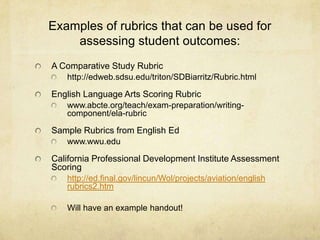 Examples of rubrics that can be used for assessing student outcomes:A Comparative Study Rubrichttp://edweb.sdsu.edu/triton/SDBiarritz/Rubric.htmlEnglish Language Arts Scoring Rubricwww.abcte.org/teach/exam-preparation/writing-component/ela-rubricSample Rubrics from English Edwww.wwu.eduCalifornia Professional Development Institute Assessment Scoringhttp://ed.final.gov/lincun/Wol/projects/aviation/english rubrics2.htmWill have an example handout!