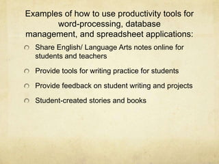 Examples of how to use productivity tools for word-processing, database management, and spreadsheet applications:Share English/ Language Arts notes online for students and teachersProvide tools for writing practice for studentsProvide feedback on student writing and projectsStudent-created stories and books 