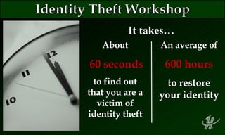 About 60 seconds to find out that you are a victim of identity theft It takes…  An average of 600 hours to restore your identity 