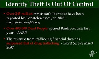 Over 245 million  American’s Identities have been reported lost  or stolen since Jan 2005.  – www.privacyrights.org Over   400,000 Dead People  opened Bank accounts last year –  AARP The revenue from trafficking financial data has  surpassed that of drug trafficking.  – Secret Service March 2007 