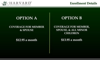 Enrollment Details
OPTION A
COVERAGE FOR MEMBER
& SPOUSE
$12.95 a month
OPTION B
COVERAGE FOR MEMBER,
SPOUSE, & ALL MINOR
CHILDREN
$13.95 a month
 