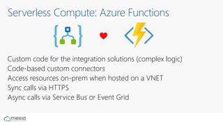 Serverless Compute: Azure Functions
Custom code for the integration solutions (complex logic)
Code-based custom connectors
Access resources on-prem when hosted on a VNET
Sync calls via HTTPS
Async calls via Service Bus or Event Grid
 