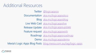 Additional Resources
Twitter @logicappsio
Documentation aka.ms/logicappsdocs
Blog aka.ms/logicappsblog
Live Web Cast aka.ms/logicappslive
Release Update aka.ms/logicappsupdate
Feature request aka.ms/logicappswish
Roadmap aka.ms/logicappsroadmap
Demo aka.ms/logicappsdemo
Mexia’s Logic Apps Blog Posts blog.mexia.com.au/tag/logic-apps
 
