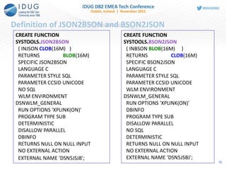Definition of JSON2BSON and BSON2JSON
CREATE FUNCTION
SYSTOOLS.JSON2BSON
( INJSON CLOB(16M) )
RETURNS BLOB(16M)
SPECIFIC JSON2BSON
LANGUAGE C
PARAMETER STYLE SQL
PARAMETER CCSID UNICODE
NO SQL
WLM ENVIRONMENT
DSNWLM_GENERAL
RUN OPTIONS 'XPLINK(ON)'
PROGRAM TYPE SUB
DETERMINISTIC
DISALLOW PARALLEL
DBINFO
RETURNS NULL ON NULL INPUT
NO EXTERNAL ACTION
EXTERNAL NAME 'DSN5JSJB';
CREATE FUNCTION
SYSTOOLS.BSON2JSON
( INBSON BLOB(16M) )
RETURNS CLOB(16M)
SPECIFIC BSON2JSON
LANGUAGE C
PARAMETER STYLE SQL
PARAMETER CCSID UNICODE
WLM ENVIRONMENT
DSNWLM_GENERAL
RUN OPTIONS 'XPLINK(ON)'
DBINFO
PROGRAM TYPE SUB
DISALLOW PARALLEL
NO SQL
DETERMINISTIC
RETURNS NULL ON NULL INPUT
NO EXTERNAL ACTION
EXTERNAL NAME 'DSN5JSBJ';
10
 