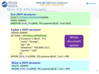 More SQL APIs Examples
Sort JSON documents
SELECT SYSTOOLS.BSON2JSON(DATA)
FROM JSONPO
ORDER BY JSON_VAL(DATA, 'PO.customer.@cid', 'i:na') DESC
Update a JSON document
UPDATE JSONPO
SET DATA = SYSTOOLS.JSON2BSON(
'{"Customer":{"@cid": 777,
"name": "George",
"age": 29,
"telephone": "566-898-1111",
"country": "USA"
}}')
WHERE JSON_VAL(DATA, ‘PO.customer.@cid', 'i:na') = 999
Delete a JSON document
DELETE JSONPO
WHERE JSON_VAL(DATA, ‘PO.customer.@cid', 'i:na') = 999
Whole
document
update
15
 