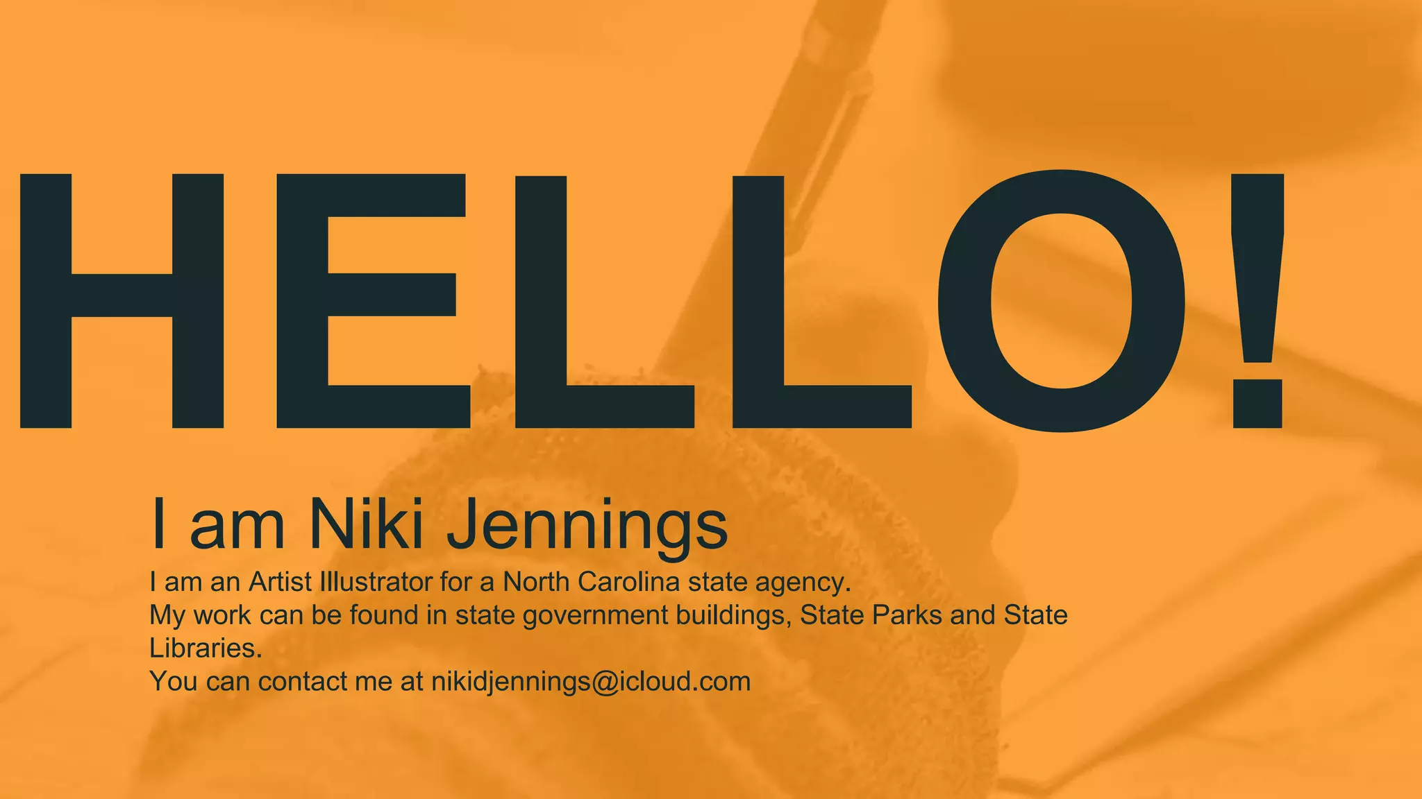 HELLO!I am Niki Jennings
I am an Artist Illustrator for a North Carolina state agency.
My work can be found in state government buildings, State Parks and State
Libraries.
You can contact me at nikidjennings@icloud.com
 