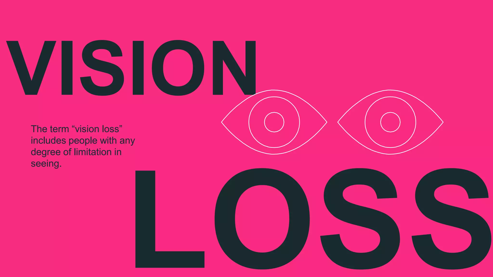 VISIONThe term “vision loss”
includes people with any
degree of limitation in
seeing.
LOSS
 