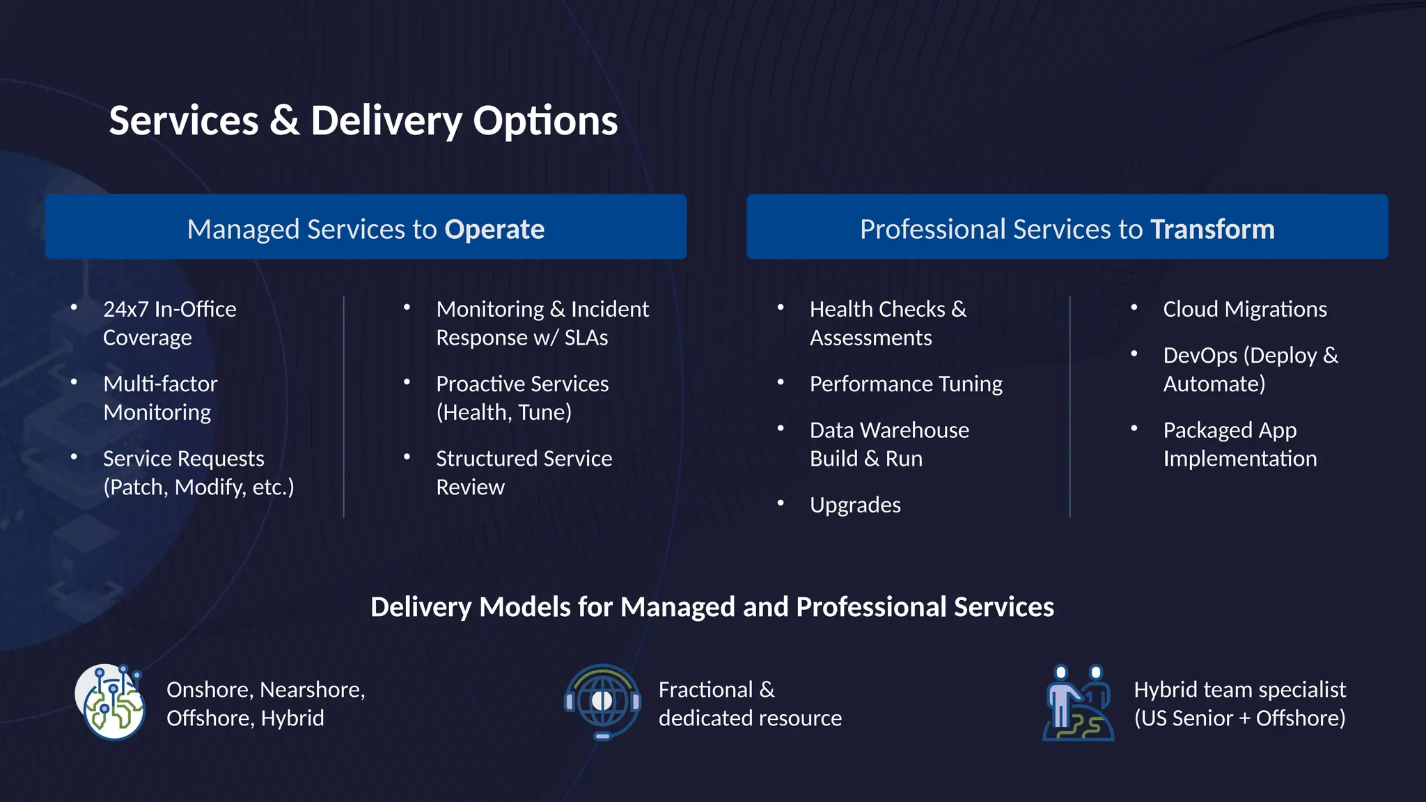 Services & Delivery Options
Professional Services to Transform
Managed Services to Operate
Delivery Models for Managed and Professional Services
• 24x7 In-Office
Coverage
• Multi-factor
Monitoring
• Service Requests
(Patch, Modify, etc.)
• Monitoring & Incident
Response w/ SLAs
• Proactive Services
(Health, Tune)
• Structured Service
Review
• Health Checks &
Assessments
• Performance Tuning
• Data Warehouse
Build & Run
• Upgrades
• Cloud Migrations
• DevOps (Deploy &
Automate)
• Packaged App
Implementation
Onshore, Nearshore,
Offshore, Hybrid
Fractional &
dedicated resource
Hybrid team specialist
(US Senior + Offshore)
 