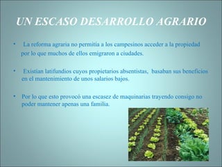 UN ESCASO DESARROLLO AGRARIO La reforma agraria no permitía a los campesinos acceder a la propiedad por lo que muchos de ellos emigraron a ciudades.   Existían latifundios cuyos propietarios absentistas,  basaban sus beneficios en el mantenimiento de unos salarios bajos.   Por lo que esto provocó una escasez de maquinarias trayendo consigo no poder mantener apenas una familia. 
