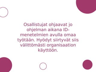 Osallistujat ohjaavat jo
ohjelman aikana ID-
menetelmien avulla omaa
työtään. Hyödyt siirtyvät siis
välittömästi organisaation
käyttöön.
 