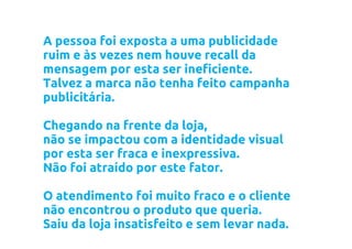 A pessoa foi exposta a uma publicidade
ruim e às vezes nem houve recall da
mensagem por esta ser ineficiente.
Talvez a marca não tenha feito campanha
publicitária.

Chegando na frente da loja,
não se impactou com a identidade visual
por esta ser fraca e inexpressiva.
Não foi atraído por este fator.

O atendimento foi muito fraco e o cliente
não encontrou o produto que queria.
Saiu da loja insatisfeito e sem levar nada.
 