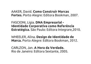 AAKER, David. Como Construir Marcas
Fortes. Porto Alegre: Editora Bookman, 2007.

FASCIONI, Lígia. DNA Empresarial -
Identidade Corporativa como Referência
Estratégica. São Paulo: Editora Integrare,2010.

WHEELER, Alina. Design de Identidade de
Marca. Porto Alegre: Editora Bookman, 2012.

CARLZON, Jan. A Hora da Verdade.
Rio de Janeiro: Editora Sextante, 2005.
 