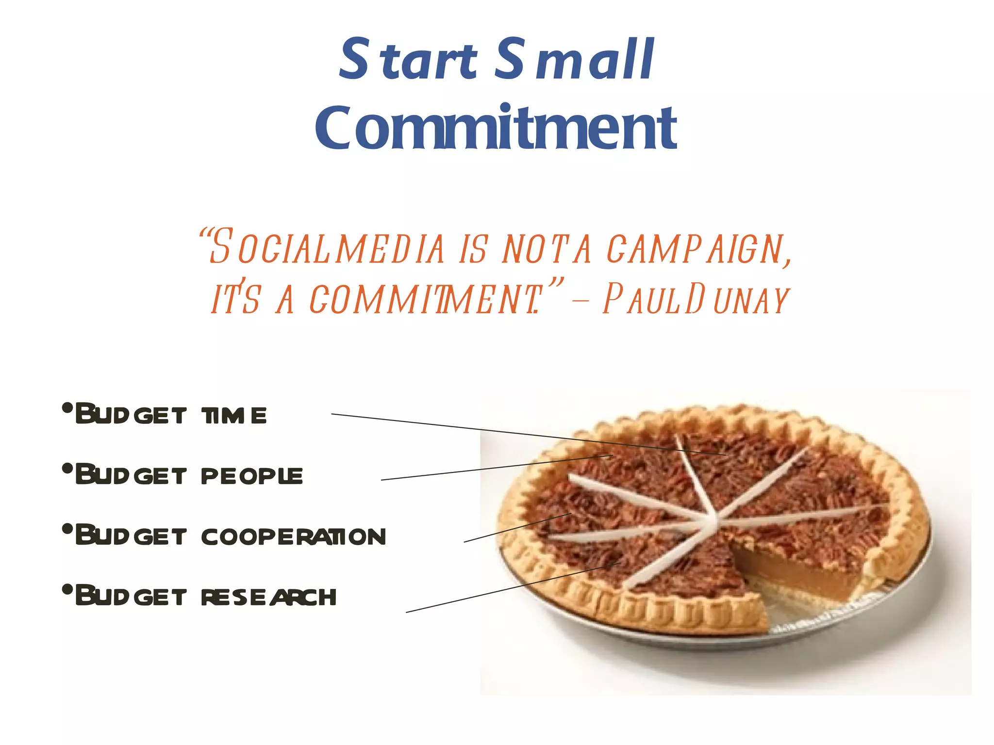 Start   Small Commitment “ Social media is not a campaign,  it’s a commitment.”  – Paul Dunay Budget time Budget people Budget cooperation Budget research 