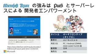 Microsoft Azure の強みは PaaS とサーバーレ
スによる 開発者エンパワーメント
https://www.slideshare.net/dmasubuchi/cedec2
018microsoft-azure-part2-dmm-111422315
タイトル オトギフロンティア
( オトフロ )
配信日 2017 年 8 月 30 日
対応 OS PC / Android (DMM)
DMM GAME PLAYER 版
配信国 日本
発売元 KMS
 