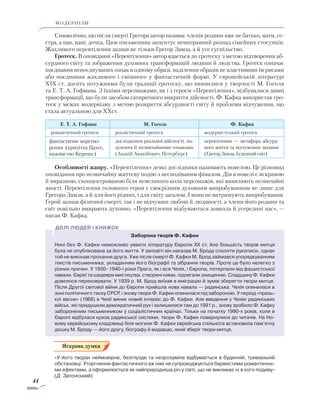 44
модернізм
Символічно, що після смерті Грегора автор називає членів родини вже не батько, мати, се-
стра, а пан, пані, дочка. Цим письменник акцентує невиправний розпад сімейних стосунків.
Жахливого перевтілення зазнав не тільки Грегор Замза, а й усе суспільство.
Гротеск. В оповіданні «Перевтілення» автор вдається до гротеску з метою відтворення аб-
сурдного світу та зобра­ження духовних трансформацій людини й людства. Гротеск означає
поєднання непоєднуваних ознак в одному образі, наділення образів не властивими їм рисами
або поєднання жахливого і смішного у фантастичній формі. У єв­ро­пейській літературі
XIX ст. досить потужними були традиції гротеску, що виявилися у творчості М. Гоголя
та Е. Т. А. Гофмана. З їхніми персонажами, як і з героєм «Перевтілення», відбувалися дивні
трансформації, що були засобом сатиричного викриття дійсності. Ф. Кафка вико­ристав гро-
теск у межах модернізму з метою розкриття абсурдності світу й проблеми відчуження, що
стала актуальною для XXст.
Е. Т. А. Гофман М. Гоголь Ф. Кафка
романтичний гротеск реалістичний гротеск модерністський гротеск
фантастичне перетво-
рення (крихітка Цахес,
князівство Керепес)
дослідження реальної дійсності, на­
ділення її незвичайними ознаками
(Акакій Акакійович, Петербург)
перевтілення — метафора абсурд­
ного життя та відчуження людини
(Грегор Замза, буденний світ)
Особливості жанру. «Перевтілення» деякі дослідники називають новелою. Це різновид
оповідання про незвичайну життєву подію з несподіваним фіналом. Дія в новелі є яскравою
й виразною, сконцентрованою біля невеликого кола персонажів, які виявляють незвичайні
якості. Перевтілення головного героя є своєрідним духовним випробуванням не лише для
Грегора Замзи, а й для його рідних, і для світу загалом. І вони не витримують випробування.
Герой зазнав фізичної смерті, так і не відчувши любові й людяності, а члени його родини та
світ повільно вмирають духовно. «Перевтілення відбуваються довкола й усередині нас», —
писав Ф. Кафка.
Заборона творів Ф. Кафки
Нині без Ф. Кафки неможливо уявити літературу Європи ХХ ст. Але більшість творів митця
була не опублікована за його життя. У заповіті він наказав М. Броду спалити рукописи, однак
той не виконав прохання друга. Уже після смерті Ф. Кафки М. Брод займався упорядкуванням
текстів письменника, укладанням його біографії та зібрання творів. Проте це було нелегко з
різних причин. У 1930–1940-і роки Прага, як і вся Чехія, і Європа, потерпали від фашистської
навали. Євреї та шедеври мистецтва, створені ними, підлягали знищенню. Спадщину Ф. Кафки
довелося переховувати. У 1939 р. М. Брод виїхав в еміграцію й зумів зберегти твори митця.
Після Другої світової війни до Європи прийшла нова навала — радянська. Чехія опинилася в
зоні політичного тиску СРСР, і знову твори Ф. Кафки опинилася під забороною. У період «празь-
кої весни» (1968) в Чехії виник новий інтерес до Ф. Кафки. Але введення у Чехію радянських
військ, які придушили демократичний рух і залишилися там до 1991 р., знову зробило Ф. Кафку
забороненим письменником у соціалістичних країнах. Тільки на початку 1990-х років, коли в
Європі відбулася криза радянської системи, твори Ф. Кафки повернулися до читачів. На Но-
вому єврейському кладовищі біля могили Ф. Кафки єврейська спільнота встановила пам’ятну
дошку М. Броду — його другу, біографу й видавцю, який зберіг твори митця.
«У його творах неймовірне, безглузде та незрозуміле відбувається в буденній, тривіальній
обстановці. Уторгнення фантастичного аж ніяк не супроводжується барвистими романтични-
ми ефектами, а оформлюється як найприродніша річ у світі, що не викликає ні в кого подиву»
(Д. Затонський).
 