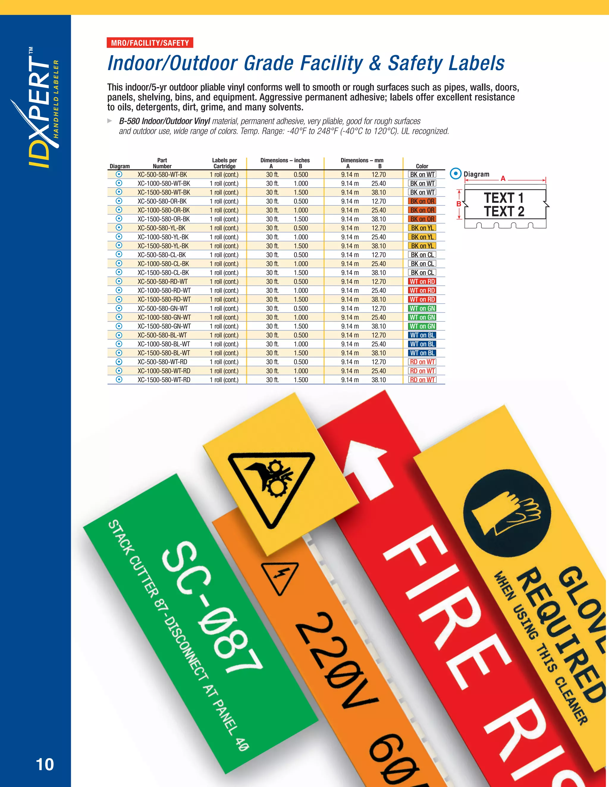 Indoor/Outdoor Grade Facility & Safety Labels
Part Labels per Dimensions – inches Dimensions – mm
Diagram Number Cartridge A B A B Color
▲ XC-500-580-WT-BK 1 roll (cont.) 30 ft. 0.500 9.14 m 12.70 BK on WT
▲ XC-1000-580-WT-BK 1 roll (cont.) 30 ft. 1.000 9.14 m 25.40 BK on WT
▲ XC-1500-580-WT-BK 1 roll (cont.) 30 ft. 1.500 9.14 m 38.10 BK on WT
▲ XC-500-580-OR-BK 1 roll (cont.) 30 ft. 0.500 9.14 m 12.70 BK on OR
▲ XC-1000-580-OR-BK 1 roll (cont.) 30 ft. 1.000 9.14 m 25.40 BK on OR
▲ XC-1500-580-OR-BK 1 roll (cont.) 30 ft. 1.500 9.14 m 38.10 BK on OR
▲ XC-500-580-YL-BK 1 roll (cont.) 30 ft. 0.500 9.14 m 12.70 BK on YL
▲ XC-1000-580-YL-BK 1 roll (cont.) 30 ft. 1.000 9.14 m 25.40 BK on YL
▲ XC-1500-580-YL-BK 1 roll (cont.) 30 ft. 1.500 9.14 m 38.10 BK on YL
▲ XC-500-580-CL-BK 1 roll (cont.) 30 ft. 0.500 9.14 m 12.70 BK on CL
▲ XC-1000-580-CL-BK 1 roll (cont.) 30 ft. 1.000 9.14 m 25.40 BK on CL
▲ XC-1500-580-CL-BK 1 roll (cont.) 30 ft. 1.500 9.14 m 38.10 BK on CL
▲ XC-500-580-RD-WT 1 roll (cont.) 30 ft. 0.500 9.14 m 12.70 WT on RD
▲ XC-1000-580-RD-WT 1 roll (cont.) 30 ft. 1.000 9.14 m 25.40 WT on RD
▲ XC-1500-580-RD-WT 1 roll (cont.) 30 ft. 1.500 9.14 m 38.10 WT on RD
▲ XC-500-580-GN-WT 1 roll (cont.) 30 ft. 0.500 9.14 m 12.70 WT on GN
▲ XC-1000-580-GN-WT 1 roll (cont.) 30 ft. 1.000 9.14 m 25.40 WT on GN
▲ XC-1500-580-GN-WT 1 roll (cont.) 30 ft. 1.500 9.14 m 38.10 WT on GN
▲ XC-500-580-BL-WT 1 roll (cont.) 30 ft. 0.500 9.14 m 12.70 WT on BL
▲ XC-1000-580-BL-WT 1 roll (cont.) 30 ft. 1.000 9.14 m 25.40 WT on BL
▲ XC-1500-580-BL-WT 1 roll (cont.) 30 ft. 1.500 9.14 m 38.10 WT on BL
▲ XC-500-580-WT-RD 1 roll (cont.) 30 ft. 0.500 9.14 m 12.70 RD on WT
▲ XC-1000-580-WT-RD 1 roll (cont.) 30 ft. 1.000 9.14 m 25.40 RD on WT
▲ XC-1500-580-WT-RD 1 roll (cont.) 30 ft. 1.500 9.14 m 38.10 RD on WT
Diagram
TEXT 1
TEXT 2
This indoor/5-yr outdoor pliable vinyl conforms well to smooth or rough surfaces such as pipes, walls, doors,
panels, shelving, bins, and equipment. Aggressive permanent adhesive; labels offer excellent resistance
to oils, detergents, dirt, grime, and many solvents.
ᮣ B-580 Indoor/Outdoor Vinyl material, permanent adhesive, very pliable, good for rough surfaces
and outdoor use, wide range of colors. Temp. Range: -40°F to 248°F (-40°C to 120°C). UL recognized.
MRO/FACILITY/SAFETY
10
IDXpertBroch12_21_06.qxd 9/26/07 9:50 AM Page 11
 