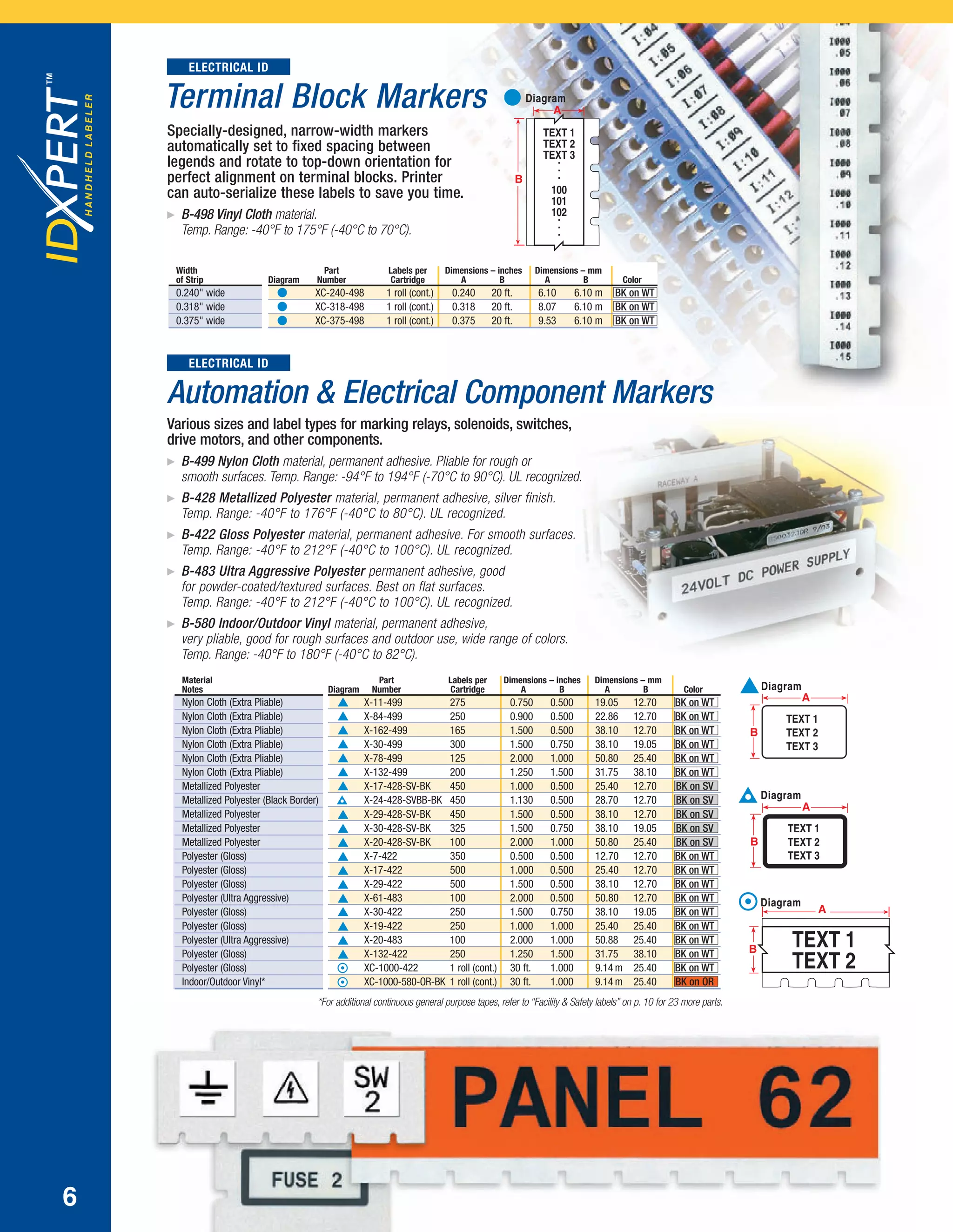 ELECTRICAL ID
ELECTRICAL ID
Specially-designed, narrow-width markers
automatically set to fixed spacing between
legends and rotate to top-down orientation for
perfect alignment on terminal blocks. Printer
can auto-serialize these labels to save you time.
ᮣ B-498 Vinyl Cloth material.
Temp. Range: -40°F to 175°F (-40°C to 70°C).
Terminal Block Markers
Width
of Strip
0.240" wide
0.318" wide
0.375" wide
Part Labels per Dimensions – inches Dimensions – mm
Diagram Number Cartridge A B A B Color
▲ XC-240-498 1 roll (cont.) 0.240 20 ft. 6.10 6.10 m BK on WT
▲ XC-318-498 1 roll (cont.) 0.318 20 ft. 8.07 6.10 m BK on WT
▲ XC-375-498 1 roll (cont.) 0.375 20 ft. 9.53 6.10 m BK on WT
Diagram
TEXT 1
TEXT 2
TEXT 3.
.
.
100
101
102.
.
.
Automation & Electrical Component Markers
Various sizes and label types for marking relays, solenoids, switches,
drive motors, and other components.
ᮣ B-499 Nylon Cloth material, permanent adhesive. Pliable for rough or
smooth surfaces. Temp. Range: -94°F to 194°F (-70°C to 90°C). UL recognized.
ᮣ B-428 Metallized Polyester material, permanent adhesive, silver finish.
Temp. Range: -40°F to 176°F (-40°C to 80°C). UL recognized.
ᮣ B-422 Gloss Polyester material, permanent adhesive. For smooth surfaces.
Temp. Range: -40°F to 212°F (-40°C to 100°C). UL recognized.
ᮣ B-483 Ultra Aggressive Polyester permanent adhesive, good
for powder-coated/textured surfaces. Best on flat surfaces.
Temp. Range: -40°F to 212°F (-40°C to 100°C). UL recognized.
ᮣ B-580 Indoor/Outdoor Vinyl material, permanent adhesive,
very pliable, good for rough surfaces and outdoor use, wide range of colors.
Temp. Range: -40°F to 180°F (-40°C to 82°C).
Material
Notes
Nylon Cloth (Extra Pliable)
Nylon Cloth (Extra Pliable)
Nylon Cloth (Extra Pliable)
Nylon Cloth (Extra Pliable)
Nylon Cloth (Extra Pliable)
Nylon Cloth (Extra Pliable)
Metallized Polyester
Metallized Polyester (Black Border)
Metallized Polyester
Metallized Polyester
Metallized Polyester
Polyester (Gloss)
Polyester (Gloss)
Polyester (Gloss)
Polyester (Ultra Aggressive)
Polyester (Gloss)
Polyester (Gloss)
Polyester (Ultra Aggressive)
Polyester (Gloss)
Polyester (Gloss)
Indoor/Outdoor Vinyl*
Part Labels per Dimensions – inches Dimensions – mm
Diagram Number Cartridge A B A B Color
▲ X-11-499 275 0.750 0.500 19.05 12.70 BK on WT
▲ X-84-499 250 0.900 0.500 22.86 12.70 BK on WT
▲ X-162-499 165 1.500 0.500 38.10 12.70 BK on WT
X-30-499 300 1.500 0.750 38.10 19.05 BK on WT
▲ X-78-499 125 2.000 1.000 50.80 25.40 BK on WT
X-132-499 200 1.250 1.500 31.75 38.10 BK on WT
▲ X-17-428-SV-BK 450 1.000 0.500 25.40 12.70 BK on SV
▲ X-24-428-SVBB-BK 450 1.130 0.500 28.70 12.70 BK on SV
▲ X-29-428-SV-BK 450 1.500 0.500 38.10 12.70 BK on SV
▲ X-30-428-SV-BK 325 1.500 0.750 38.10 19.05 BK on SV
X-20-428-SV-BK 100 2.000 1.000 50.80 25.40 BK on SV
X-7-422 350 0.500 0.500 12.70 12.70 BK on WT
X-17-422 500 1.000 0.500 25.40 12.70 BK on WT
X-29-422 500 1.500 0.500 38.10 12.70 BK on WT
X-61-483 100 2.000 0.500 50.80 12.70 BK on WT
▲ X-30-422 250 1.500 0.750 38.10 19.05 BK on WT
X-19-422 250 1.000 1.000 25.40 25.40 BK on WT
X-20-483 100 2.000 1.000 50.88 25.40 BK on WT
X-132-422 250 1.250 1.500 31.75 38.10 BK on WT
XC-1000-422 1 roll (cont.) 30 ft. 1.000 9.14 m 25.40 BK on WT
XC-1000-580-OR-BK 1 roll (cont.) 30 ft. 1.000 9.14 m 25.40 BK on OR
Diagram
TEXT 1
TEXT 2
TEXT 1
TEXT 2
TEXT 3
Diagram
TEXT 1
TEXT 2
TEXT 3
Diagram
*For additional continuous general purpose tapes, refer to “Facility & Safety labels” on p. 10 for 23 more parts.
6
IDXpertBroch12_21_06.qxd 9/26/07 9:50 AM Page 7
 