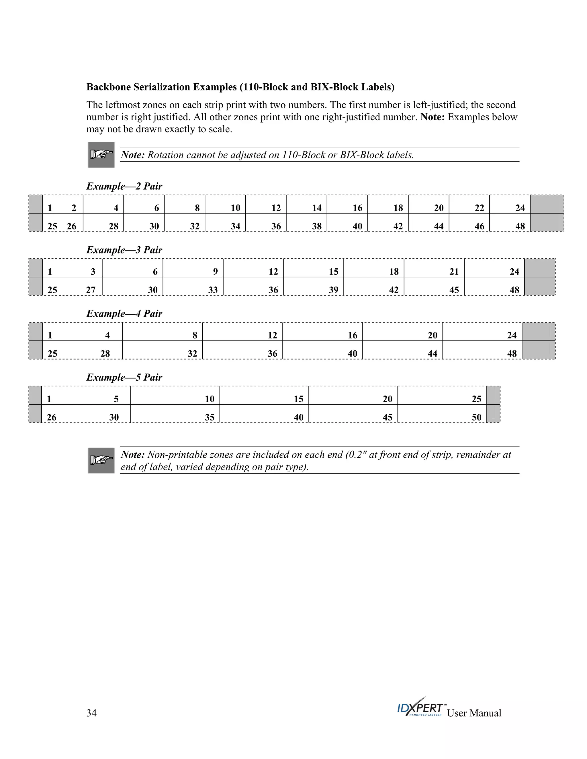 Backbone Serialization Examples (110-Block and BIX-Block Labels)
The leftmost zones on each strip print with two numbers. The first number is left-justified; the second
number is right justified. All other zones print with one right-justified number. Note: Examples below
may not be drawn exactly to scale.
Note: Rotation cannot be adjusted on 110-Block or BIX-Block labels.
Example—2 Pair
1 2 4 6 8 10 12 14 16 18 20 22 24
25 26 28 30 32 34 36 38 40 42 44 46 48
Example—3 Pair
1 3 6 9 12 15 18 21 24
25 27 30 33 36 39 42 45 48
Example—4 Pair
1 4 8 12 16 20 24
25 28 32 36 40 44 48
Example—5 Pair
1 5 10 15 20 25
26 30 35 40 45 50
Note: Non-printable zones are included on each end (0.2" at front end of strip, remainder at
end of label, varied depending on pair type).
34 User Manual
 