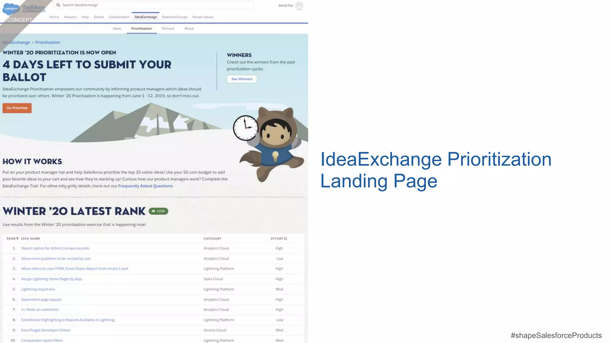 IdeaExchange Prioritization
Landing Page
#roadToIDXr#shapeSalesforceProducts
CONCEPT
 