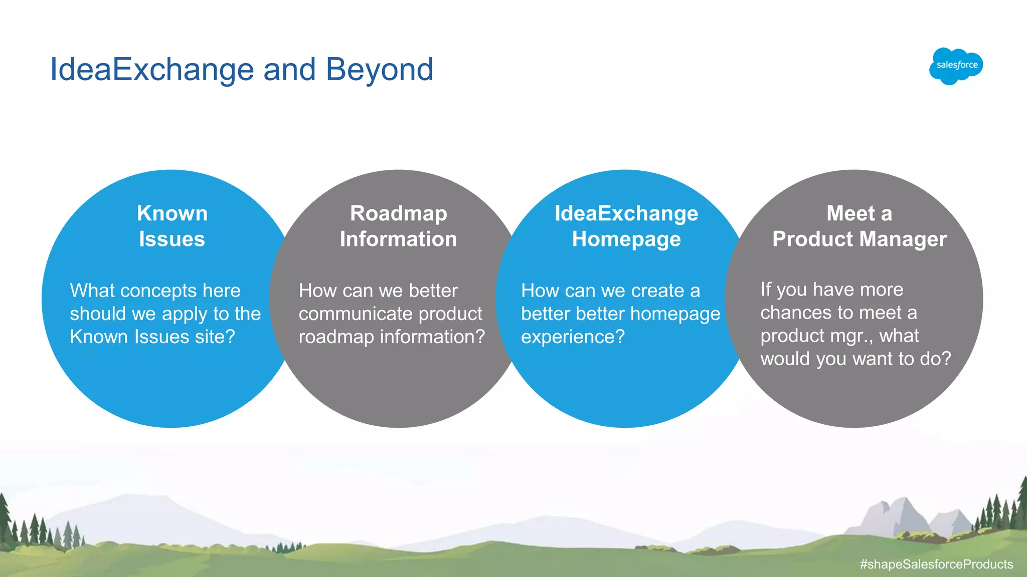 Known
Issues
What concepts here
should we apply to the
Known Issues site?
Roadmap
Information
How can we better
communicate product
roadmap information?
How can we create a
better better homepage
experience?
Meet a
Product Manager
If you have more
chances to meet a
product mgr., what
would you want to do?
IdeaExchange
Homepage
IdeaExchange and Beyond
#shapeSalesforceProducts
 