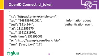 #RSAC
OpenID Connect id_token
18
Information about
authentication event
{
"iss": "https://server.example.com",
“sub": "248289761001",
"aud": "3214244",
"iat": 1311195570,
"exp": 1311281970,
“auth_time”: 131195001,
“acr”: http://example.com/basic_bio”
“amr”: [‘eye’, ‘pwd’, ‘12’]
}
 