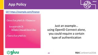 #RSAC
App Policy
24
GET https://example.com/finance
Just an example…
using OpenID Connect alone,
you could require a certain
type of authentication
 