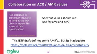 #RSAC
Collaboration on ACR / AMR values
36
So what values should we
use for amr and acr?
https://tools.ietf.org/html/draft-jones-oauth-amr-values-05
This IETF draft defines some AMR’s… but its inadequate
 