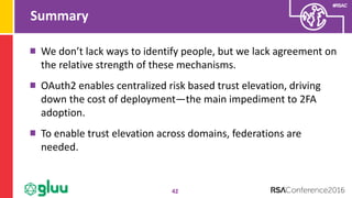 #RSAC
Summary
42
We don’t lack ways to identify people, but we lack agreement on
the relative strength of these mechanisms.
OAuth2 enables centralized risk based trust elevation, driving
down the cost of deployment—the main impediment to 2FA
adoption.
To enable trust elevation across domains, federations are
needed.
 