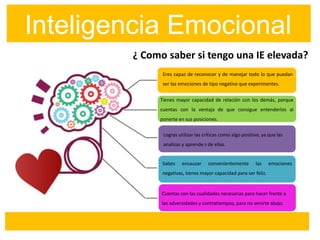 ¿ Como saber si tengo una IE elevada?
Inteligencia Emocional
Eres capaz de reconocer y de manejar todo lo que puedan
ser las emociones de tipo negativo que experimentes.
Tienes mayor capacidad de relación con los demás, porque
cuentas con la ventaja de que consigue entenderlos al
ponerte en sus posiciones.
Logras utilizar las críticas como algo positivo, ya que las
analizas y aprende s de ellas.
Sabes encauzar convenientemente las emociones
negativas, tienes mayor capacidad para ser feliz.
Cuentas con las cualidades necesarias para hacer frente a
las adversidades y contratiempos, para no venirte abajo.
 