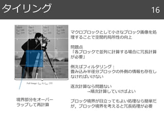 タイリング 16
Tile-0
Imin: 149
Imax: 219
Full Image: Imin: 0, Imax: 255
Tile-1
Imin: 0
Imax: 210
Tile-15
Imin: 18
Imax: 243
Tile-2
Imin: 3
Imax: 233
Tile-3
Imin: 140
Imax: 177
r
マクロブロックとして小さなブロック画像を処
理することで空間的局所性の向上
問題点
「各ブロックで並列に計算する場合に冗長計算
が必要」
例えばフィルタリング：
畳み込み半径分ブロックの外側の情報も存在し
なければいけない
逐次計算なら問題ない
→順次計算していけばよい
ブロック境界が目立ってもよい処理なら簡単だ
が，ブロック境界を考えると冗長処理が必要
境界部分をオーバー
ラップして再計算
 