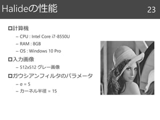 計算機
– CPU : Intel Core i7-8550U
– RAM : 8GB
– OS : Windows 10 Pro
入力画像
– 512x512 グレー画像
ガウシアンフィルタのパラメータ
– σ = 5
– カーネル半径 = 15
Halideの性能 23
 